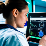 A focused paramedic, fully clothed in a clean, professional uniform, attentively examining a tablet displaying real-time patient vital signs and medical history. The setting is the interior of a modern, sterile ambulance, with soft, ambient lighting. The paramedic's expression is serious and composed, indicating quick, data-driven decision-making. The scene highlights advanced technology aiding immediate medical response. Perfect anatomy, correct proportions, well-formed hands, natural pose, safe for work, appropriate content, modest clothing, professional photography, high quality.