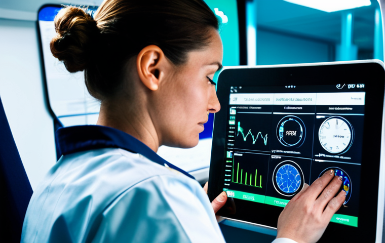 A focused paramedic, fully clothed in a clean, professional uniform, attentively examining a tablet displaying real-time patient vital signs and medical history. The setting is the interior of a modern, sterile ambulance, with soft, ambient lighting. The paramedic's expression is serious and composed, indicating quick, data-driven decision-making. The scene highlights advanced technology aiding immediate medical response. Perfect anatomy, correct proportions, well-formed hands, natural pose, safe for work, appropriate content, modest clothing, professional photography, high quality.