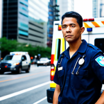 A professional adult Emergency Medical Technician (EMT) in a clean, modest uniform, standing confidently beside a modern ambulance on a busy, well-lit city street during the day. The EMT has a focused, calm expression, ready for action, embodying dedication and heroism. The background features blurred city traffic and contemporary high-rise buildings, depicting a dynamic urban environment. Professional photography, high detail, realistic, cinematic lighting, fully clothed, appropriate attire, safe for work, perfect anatomy, correct proportions, natural pose, well-formed hands, proper finger count, natural body proportions, appropriate content, family-friendly, professional dress.