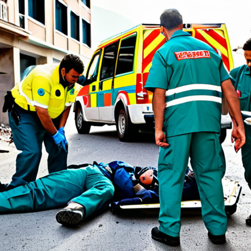 **

A team of paramedics wearing fully clothed, modest emergency responder uniforms, providing first aid to an injured person (also fully clothed) at the scene of an earthquake. The scene includes damaged buildings and emergency vehicles. Safe for work, appropriate content, perfect anatomy, correct proportions, professional photography, high quality, family-friendly.

**