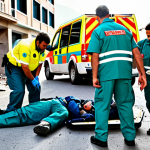 **

A team of paramedics wearing fully clothed, modest emergency responder uniforms, providing first aid to an injured person (also fully clothed) at the scene of an earthquake. The scene includes damaged buildings and emergency vehicles. Safe for work, appropriate content, perfect anatomy, correct proportions, professional photography, high quality, family-friendly.

**