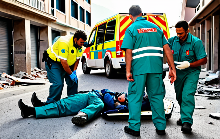 **

A team of paramedics wearing fully clothed, modest emergency responder uniforms, providing first aid to an injured person (also fully clothed) at the scene of an earthquake. The scene includes damaged buildings and emergency vehicles. Safe for work, appropriate content, perfect anatomy, correct proportions, professional photography, high quality, family-friendly.

**