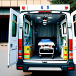** A well-maintained ambulance equipped with modern medical equipment, parked outside a busy hospital in Lahore, Pakistan. Safe for work, appropriate content, fully clothed, professional, the scene captures the urgency and readiness of emergency medical services.

**