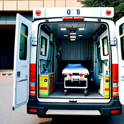 ** A well-maintained ambulance equipped with modern medical equipment, parked outside a busy hospital in Lahore, Pakistan. Safe for work, appropriate content, fully clothed, professional, the scene captures the urgency and readiness of emergency medical services.

**