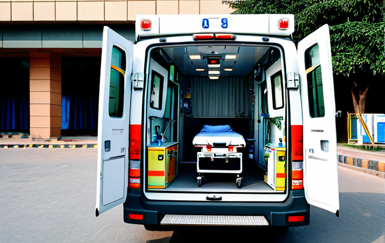 ** A well-maintained ambulance equipped with modern medical equipment, parked outside a busy hospital in Lahore, Pakistan. Safe for work, appropriate content, fully clothed, professional, the scene captures the urgency and readiness of emergency medical services.

**