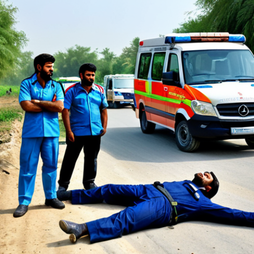 **

"Emergency Medical Technicians (EMTs) in Pakistan providing first aid at a rural accident site, fully clothed in professional uniforms, modern ambulance in the background, GPS navigation visible, safe for work, appropriate content, perfect anatomy, correct proportions, natural pose, family-friendly."

**