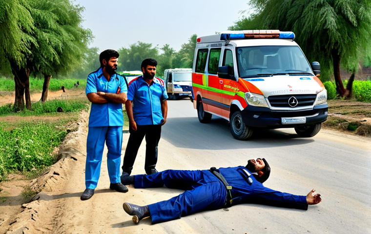 **

"Emergency Medical Technicians (EMTs) in Pakistan providing first aid at a rural accident site, fully clothed in professional uniforms, modern ambulance in the background, GPS navigation visible, safe for work, appropriate content, perfect anatomy, correct proportions, natural pose, family-friendly."

**