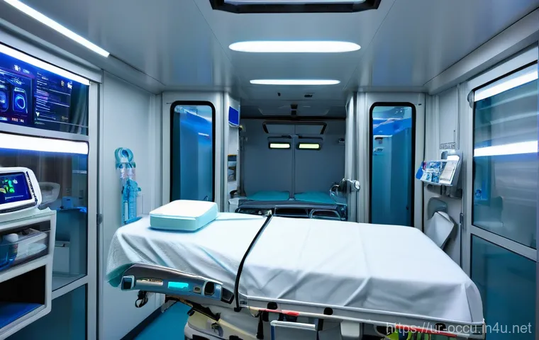 응급구조사와 신규 장비 활용 사례 - **Prompt 1: State-of-the-Art Mobile ICU Ambulance Interior**
    A wide shot inside a modern, well-l...