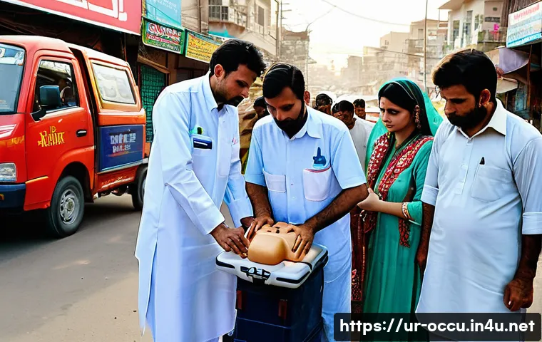 응급구조사 심폐소생술 성공 사례 - A professional emergency medical team performing CPR on an elderly South Asian man in a busy urban s...