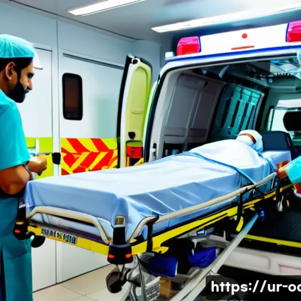 응급구조사 병원 이송 사례 - A detailed scene inside a modern ambulance in Pakistan, showing a highly trained emergency medical t...