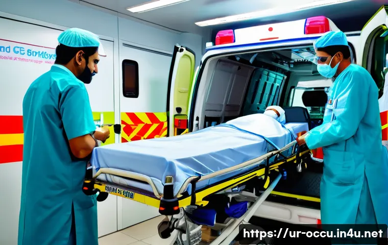 응급구조사 병원 이송 사례 - A detailed scene inside a modern ambulance in Pakistan, showing a highly trained emergency medical t...