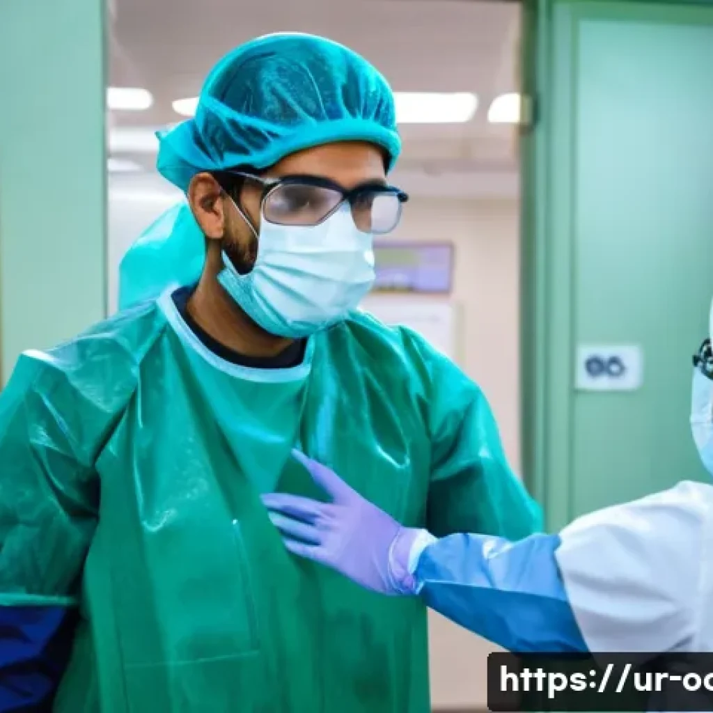 응급구조사와 감염병 응급관리 - A detailed scene of an Emergency Medical Technician (EMT) wearing full personal protective equipment...
