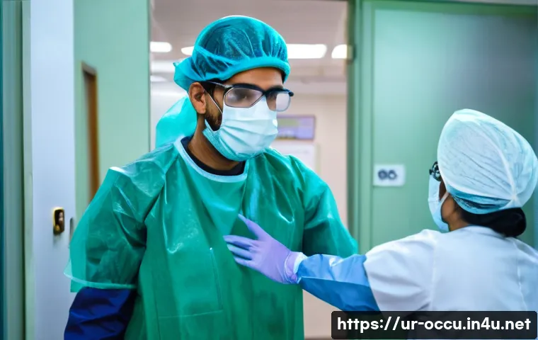 응급구조사와 감염병 응급관리 - A detailed scene of an Emergency Medical Technician (EMT) wearing full personal protective equipment...