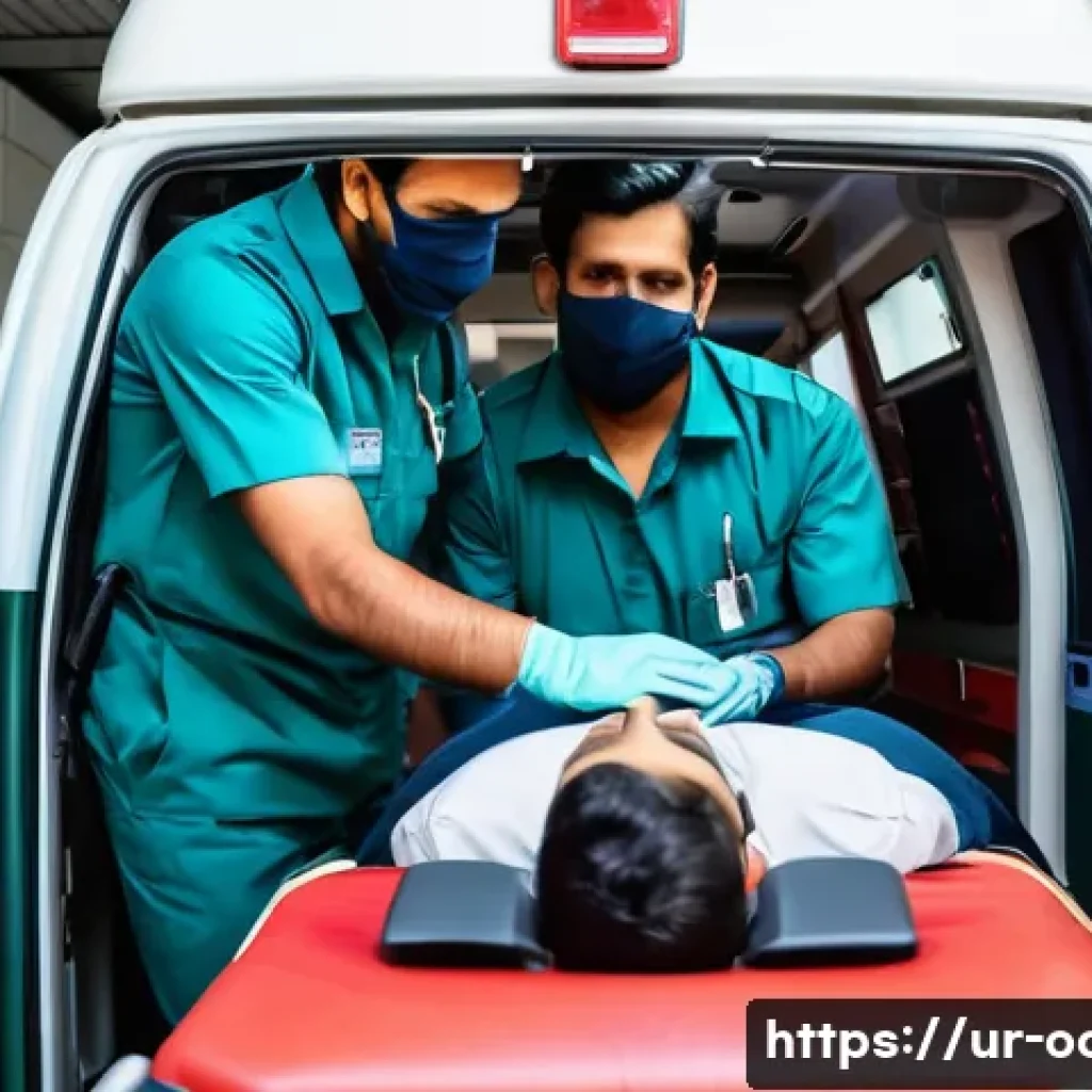 응급구조사 시험 과목 - A detailed and realistic scene inside a modern ambulance in Pakistan, showing an Emergency Medical T...