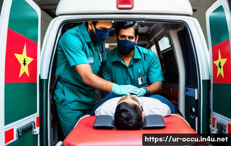 응급구조사 시험 과목 - A detailed and realistic scene inside a modern ambulance in Pakistan, showing an Emergency Medical T...