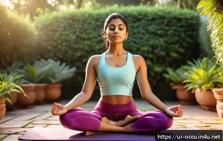 응급구조사와 심리적 회복 기술 - A serene scene of a young South Asian woman practicing yoga and meditation outdoors in a lush garden...