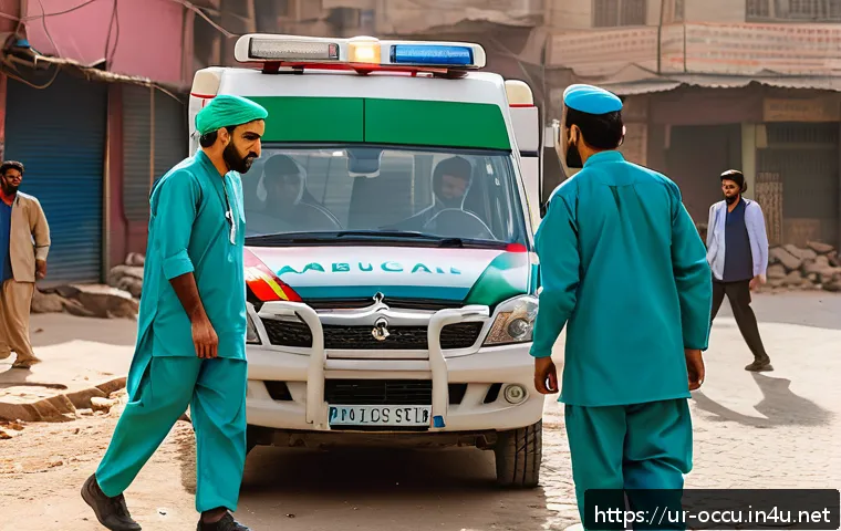 응급구조사와 협업 사례 - A dynamic scene of an emergency medical team working together in a bustling urban setting in Pakista...