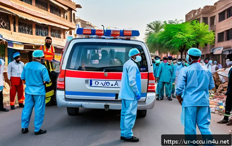 응급구조사와 윤리적 문제 해결 - A detailed scene of an emergency responder team in Pakistan performing triage at a busy accident sit...