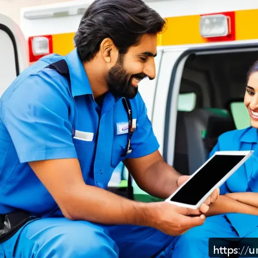 응급구조사 직무 피드백 활용법 - A detailed, realistic scene inside an ambulance where a diverse team of Emergency Medical Technician...