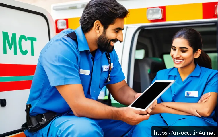 응급구조사 직무 피드백 활용법 - A detailed, realistic scene inside an ambulance where a diverse team of Emergency Medical Technician...