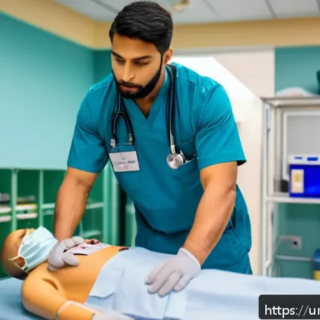 응급구조사 이력서 샘플 - A professional Emergency Medical Technician (EMT) in a hospital emergency room setting, wearing clea...