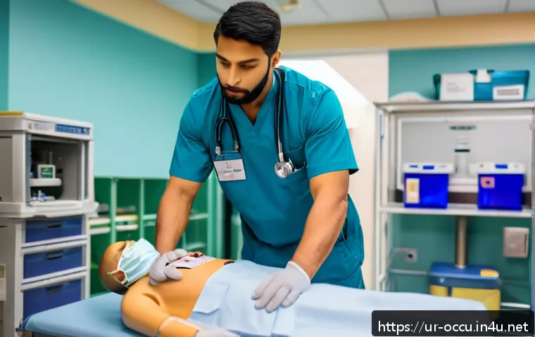 응급구조사 이력서 샘플 - A professional Emergency Medical Technician (EMT) in a hospital emergency room setting, wearing clea...