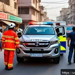 응급구조사와 병원 연계 사례 - A dynamic emergency response scene in a bustling urban area of Pakistan, showing a coordinated team ...