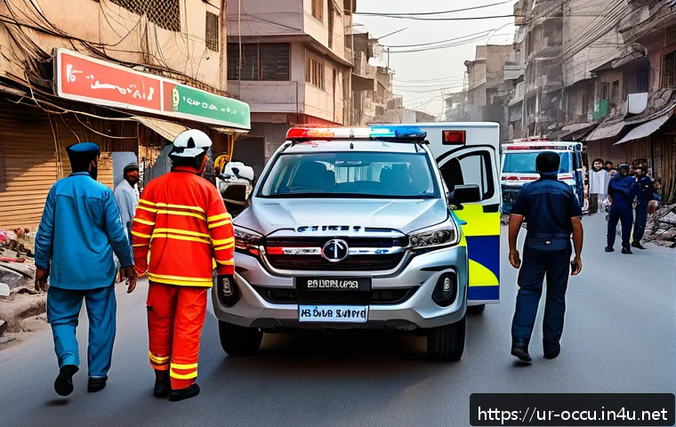 응급구조사와 병원 연계 사례 - A dynamic emergency response scene in a bustling urban area of Pakistan, showing a coordinated team ...