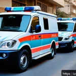 응급구조사와 응급실 협력 사례 - A detailed scene of an ambulance team at an accident site in Pakistan, wearing professional uniforms...