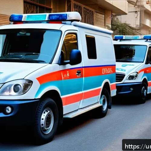응급구조사와 응급실 협력 사례 - A detailed scene of an ambulance team at an accident site in Pakistan, wearing professional uniforms...