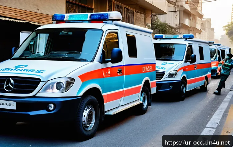 응급구조사와 응급실 협력 사례 - A detailed scene of an ambulance team at an accident site in Pakistan, wearing professional uniforms...