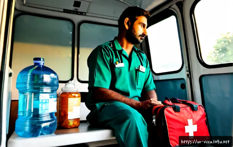 응급구조사와 물리적 피로 관리 - Photorealistic Pakistani emergency medical technician in a clean modest uniform, seated in a quiet a...