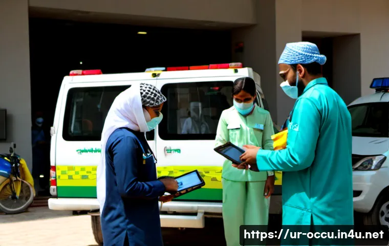 Home 17 응급구조사와 의료재난 대응 전략 - Photorealistic emergency medical responders coordinating disaster response outside a modern Pakistan...