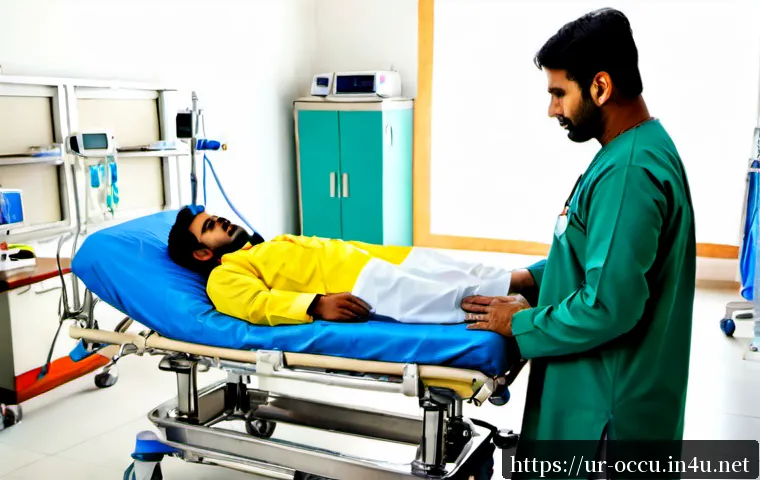 응급구조사와 환자 안전 관리 - Photorealistic emergency medical responder in a clean Pakistani hospital emergency bay, carefully se...