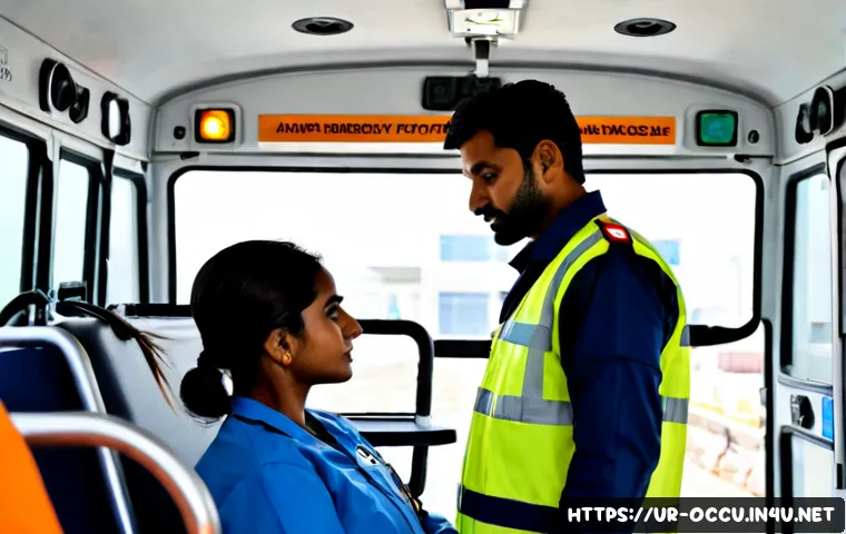 Home 17 응급구조사 직업 전망 - Photorealistic Pakistani emergency medical technician in a clean ambulance bay, wearing a modest nav...