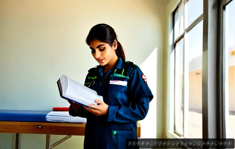 Home 17 응급구조사 직무와 관련된 도서 리뷰 - Photorealistic editorial scene of a Pakistani paramedic in a neat ambulance station break room, wear...