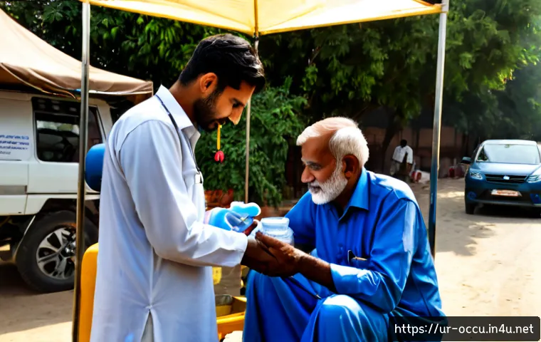 응급구조사와 기후 변화 대처법 - Photorealistic emergency medical responder in modest professional uniform assisting an elderly Pakis...