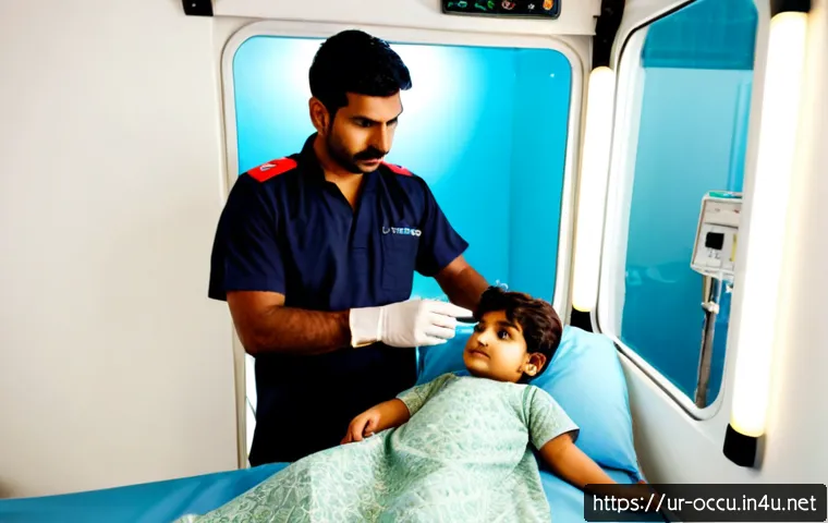 Home 17 응급구조사와 PALS - Photorealistic Pakistani emergency medical technician in a clean ambulance bay, calmly assessing a c...